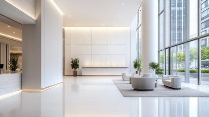 Modern lobby, city view, waiting area, minimalist design, sunlight