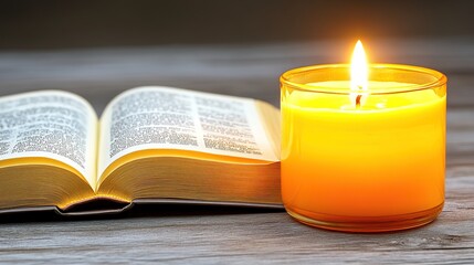 Open Bible, burning candle, wooden table, dark background, faith