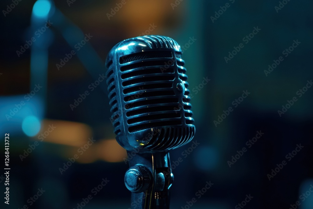 Aufkleber vintage microphone with dramatic lighting in a performance setting during an evening event. generati