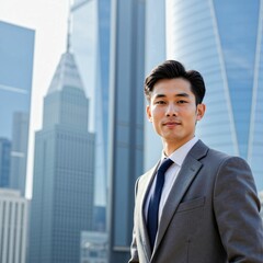 Fototapeta premium Confident Asian Businessman Walking Through a Modern Cityscape – Professional Success and Leadership in the Corporate World