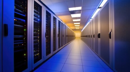 Fototapeta premium Data center aisle, servers, network, technology, blue lighting, IT infrastructure, security, computing