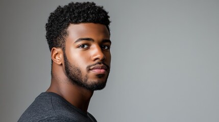 Obraz premium Confident Black man posing, studio headshot, gray background, profile view, for advertising