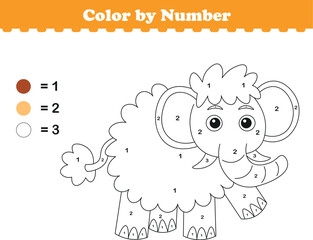 Color by numbers. Coloring page for kids. Coloring with cute mammoth. Vector illustration