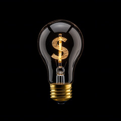 Illuminated dollar symbol inside light bulb on black background