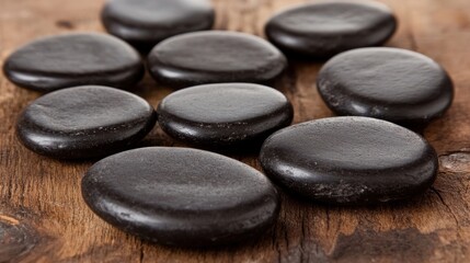 Smooth black hot stones on wood, spa treatment, relaxation, wellness