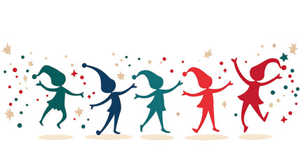 Joyful Elves Dancing Celebration Silhouette Background Festive and Colorful Holiday Scene with Stars