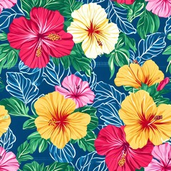 Fototapeta premium vibrant hibiscus flowers in a tropical pattern, a perfect design for summery fabrics or wallpaper