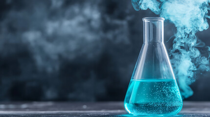 Laboratory Beaker with Blue Liquid and Rising Mist Experiment Scientific Chemistry Research