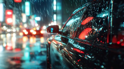 Rainy night city car drive, blurred lights, wet windows, urban background. Use website banner, travel blog