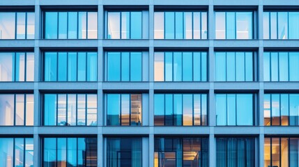 Obraz premium A sleek single-story office building with large windows and a modern facade. Stock photo