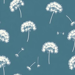 seamless pattern with white dandelions on a deep blue background. The dandelions are in various stages of bloom, some with seeds floating away in the wind, creating a delicate and whimsical pattern.