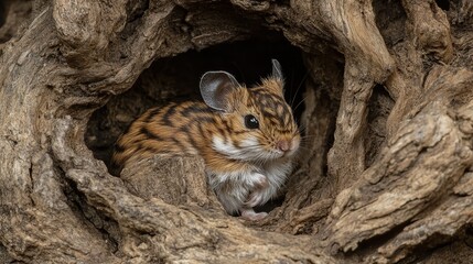 Obraz premium Striped mouse hiding in African tree hollow, savanna background, wildlife photography