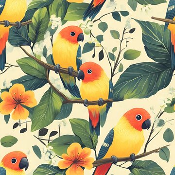 Seamless tropical parrot pattern with vibrant colors and jungle theme