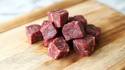 Beef cubes, kitchen cutting board, recipe prep, marble background, food photography