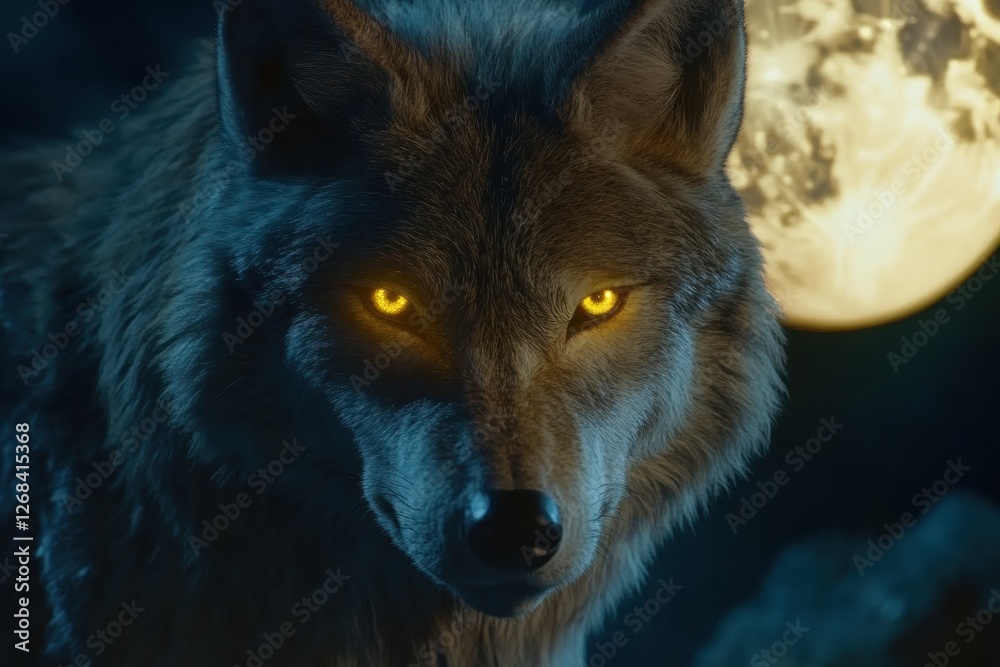 Aufkleber majestic wolf with glowing eyes under a full moon in a mysterious nighttime setting. generative ai