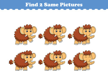 Funny cartoon mammoth. Find two same pictures. Educational game for children. Cartoon vector illustration