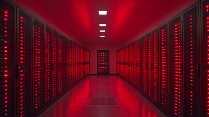A long corridor of rows of servers in a data center, symbolizing the vast scale and power of cloud computing technology, highlighting the modern infrastructure supporting digital services