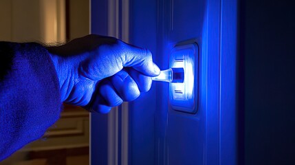 Hand inserting plug into wall socket at night, indoor