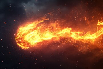 Fiery ball streaking across dark sky, sparks trailing,  for game intro
