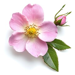 Obraz premium White rose flower with green leaves isolated on white background, clipping path included