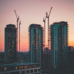 Fototapeta premium Cityscape sunset construction cranes skyscrapers development