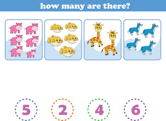 Obraz premium Counting game of wild animals for preschool kids. Printable. Vector Illustration