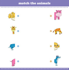 Match halves of cute cartoon wildlife animals. Logical game for kids