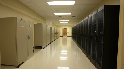 Server room corridor, data center cabinets, storage, IT infrastructure, clean floor, hallway, exit door, background lighting, technology, business
