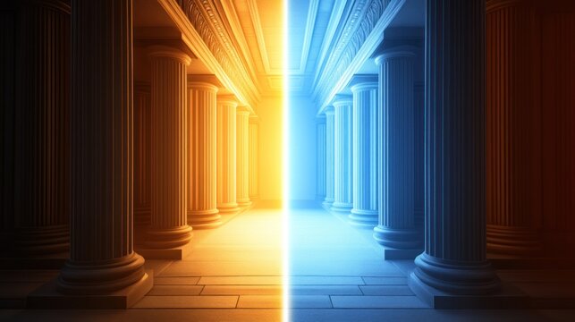 Classical columns, dual light, temple, contrast, choice, path, decision, background, digital art, concept
