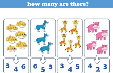 Counting game of wild animals for preschool kids. Printable. Vector Illustration