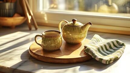 Fototapeta premium Sunny kitchen window, teapot, mug, tea, wooden tray, morning sunlight, relaxing, calm, home