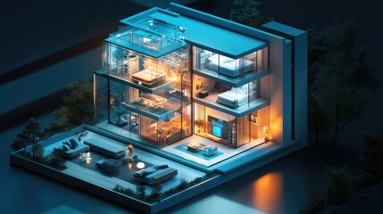 Fototapeta premium Futuristic Smart Home Architectural Design Night View: Modern Glass House with Illuminated Interior and Landscaping