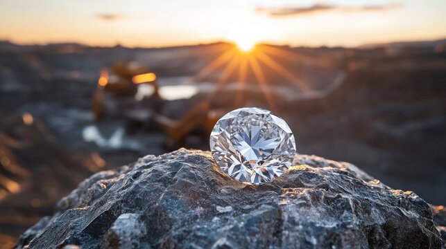 Sparkling Diamond on Mine Rock, Sunset Background