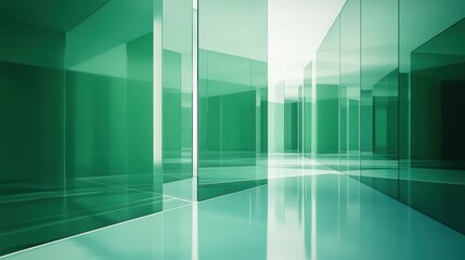 Green glass hallway, modern architecture, bright background, interior design