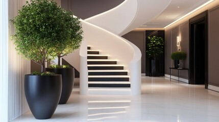 Fototapeta premium Modern mansion's grand foyer with illuminated spiral staircase, potted plants, and elegant hallway