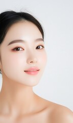 Obraz premium beautiful Korean skincare model, no makeup, white background. Generative AI