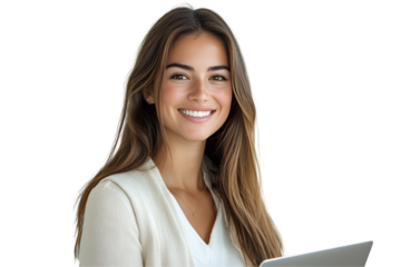 25 years old smiling european woman, long straight hair, wearing cream colored vest, holding open laptop, isolated on white background 