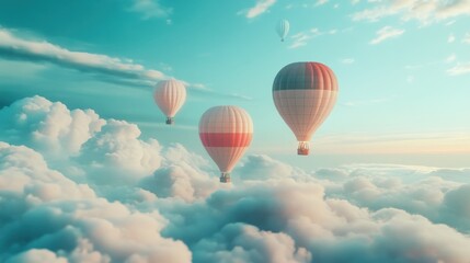 Fototapeta premium Hot air balloons soar above fluffy clouds at sunset; dreamy travel scene