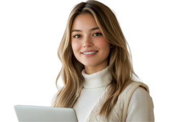 25 years old smiling european woman, long straight hair, wearing cream colored vest, holding open laptop, isolated on white background 