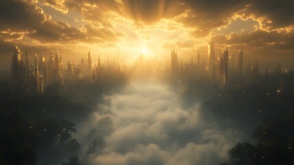 Fototapeta premium A stunning image of a radiant golden city set in a celestial landscape, featuring intricate structures.