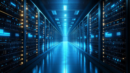 A long corridor of rows of servers in a data center, symbolizing the vast scale and power of cloud computing technology, highlighting the modern infrastructure supporting digital services