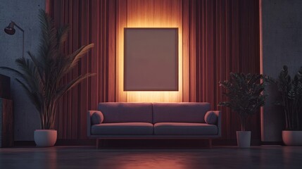 Illuminated mock-up frame above sofa in dimly lit room.