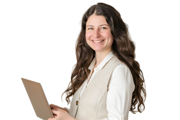 25 years old smiling european woman, long straight hair, wearing cream colored vest, holding open laptop, isolated on white background 