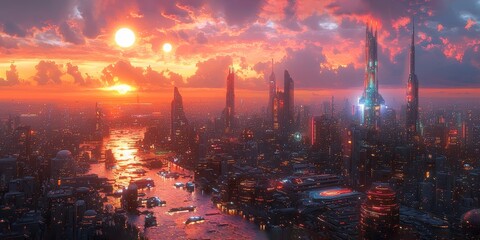 Sci-Fi Metropolis Under Twin Suns at Dusk
