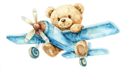 Watercolor illustration of a teddy bear piloting a blue airplane