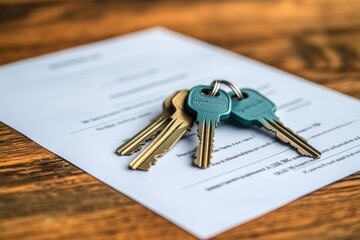 Keys and lease agreement on wood table; home purchase, renting, or property ownership