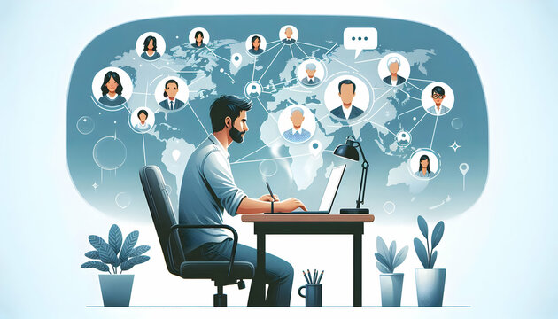 Remote Work A side-angle view of a remote worker at a desk, engaged in an online collaboration