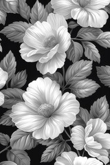 Black and white photo of beautiful flowers. The image has a dreamy and ethereal quality