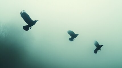 Fototapeta premium Three crows flying in foggy forest; mystical atmosphere, nature imagery