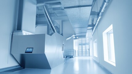 Fototapeta premium Modern factory interior, clean hallway, industrial equipment, bright lighting, efficient workflow, production facility